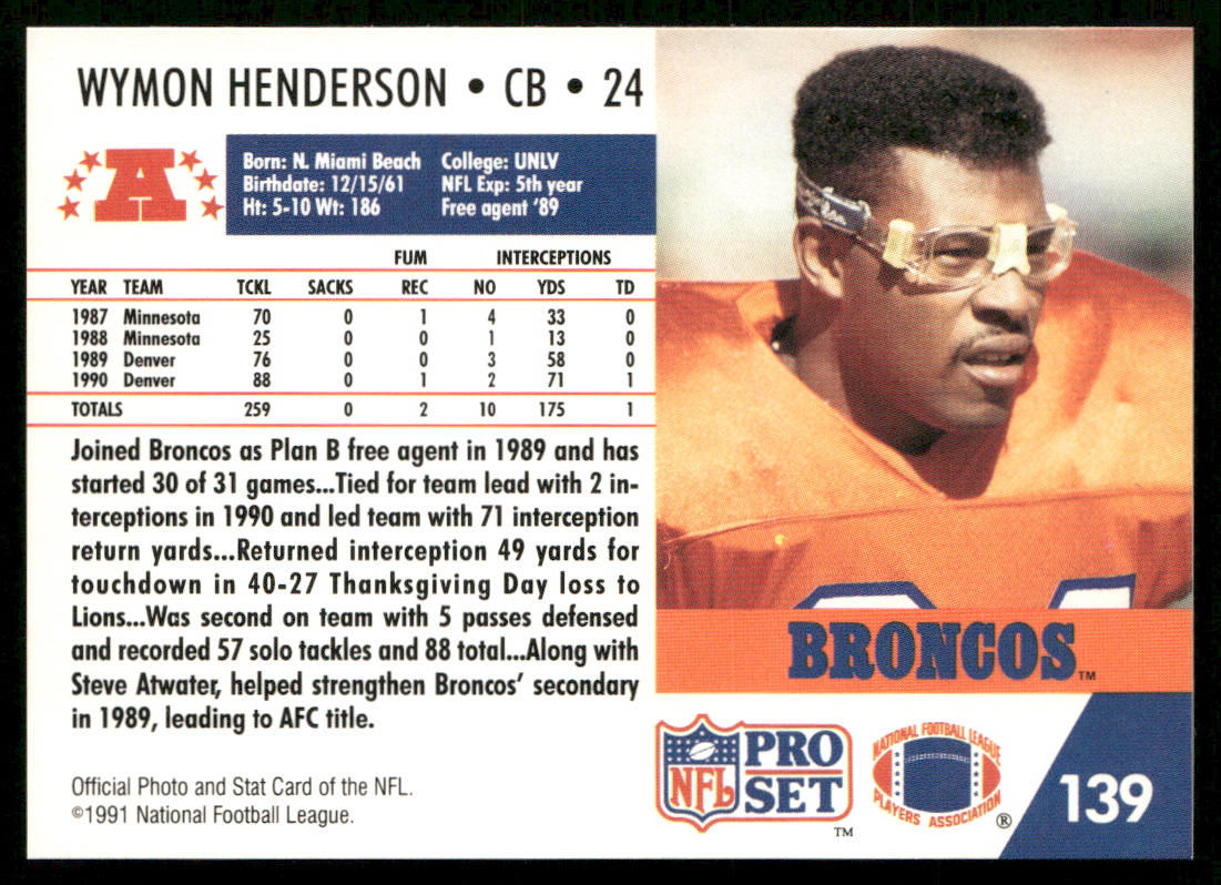 Wymon Henderson 1991 Pro Set #139 Denver Broncos