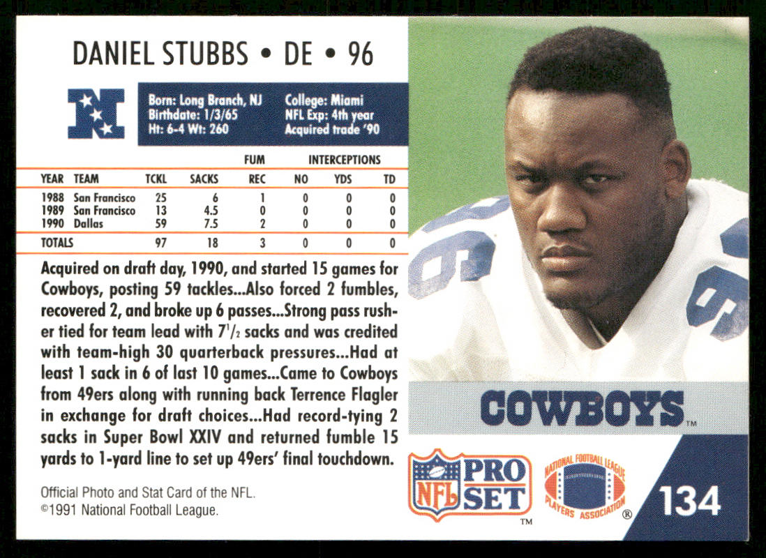 Daniel Stubbs 1991 Pro Set #134 Dallas Cowboys