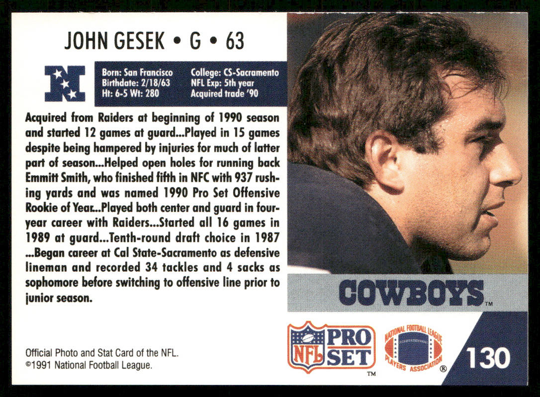 John Gesek 1991 Pro Set #130 RC Dallas Cowboys
