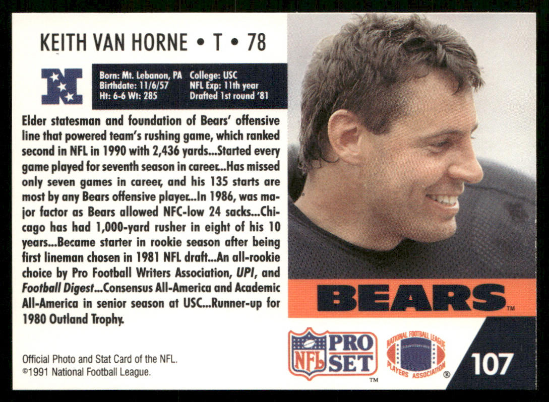 Keith Van Horne 1991 Pro Set #107 Chicago Bears