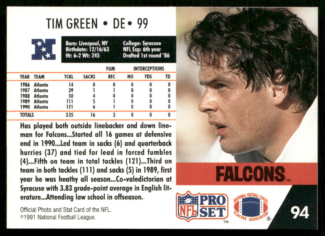 Tim Green 1991 Pro Set #94 Atlanta Falcons