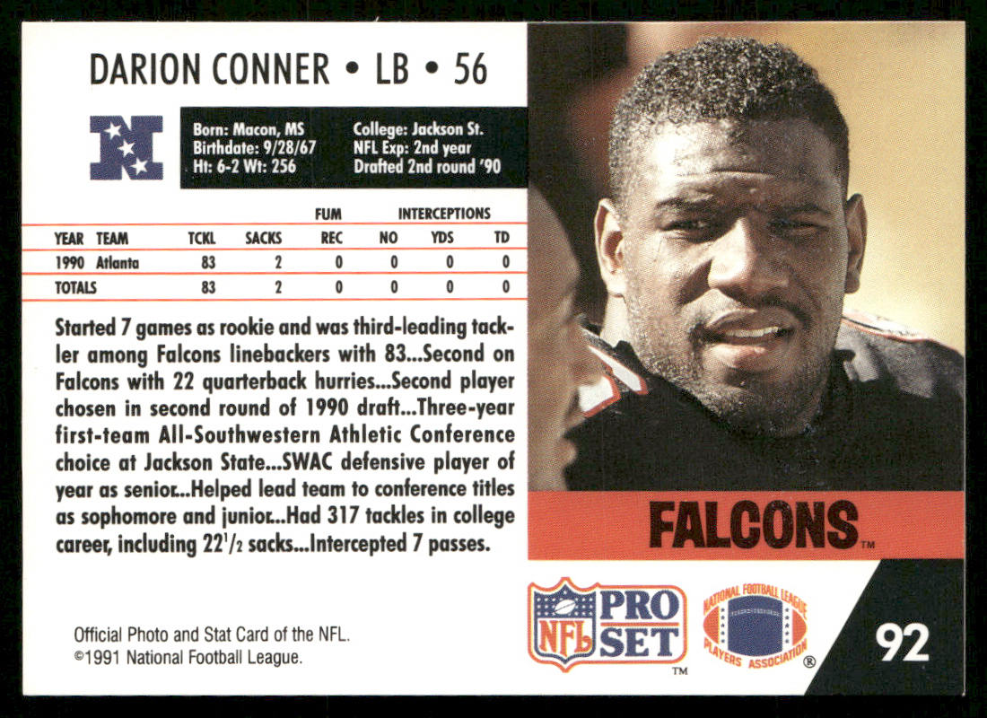 Darion Conner 1991 Pro Set #92a Atlanta Falcons
