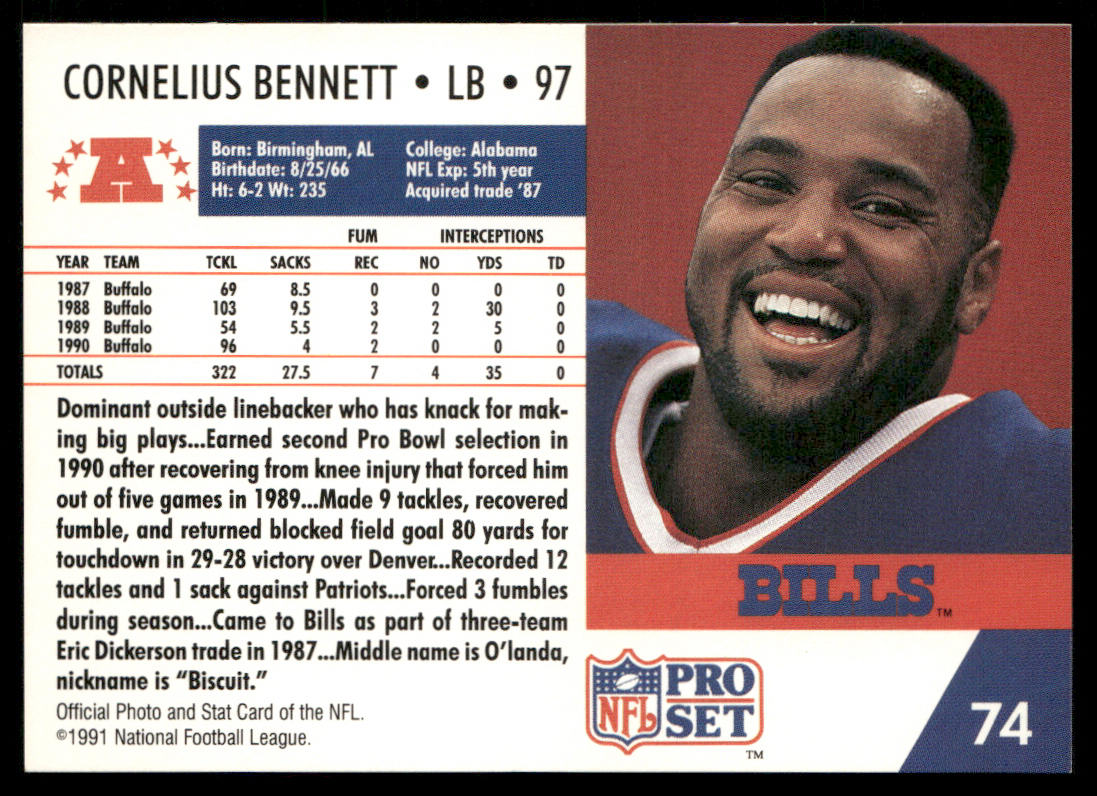 Cornelius Bennett 1991 Pro Set #74b Buffalo Bills