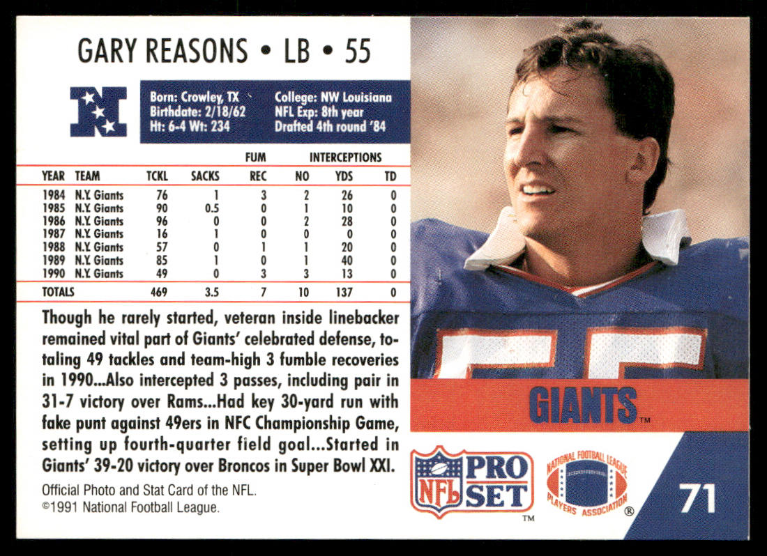 Gary Reasons 1991 Pro Set #71 New York Giants