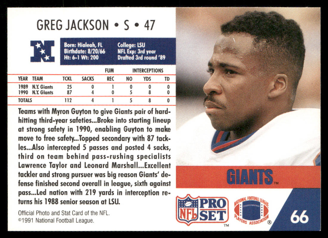 Greg Jackson 1991 Pro Set #66 RC New York Giants