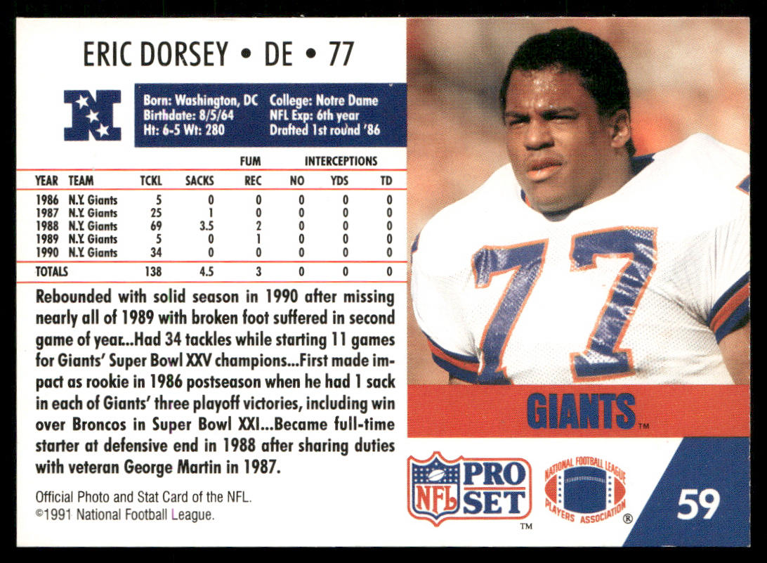 Eric Dorsey 1991 Pro Set #59 New York Giants
