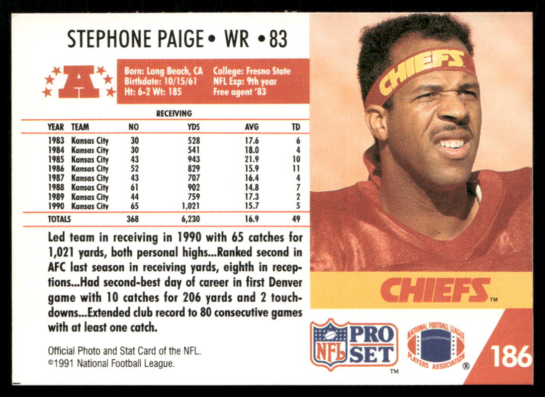 Stephone Paige 1991 Pro Set #186 Kansas City Chiefs