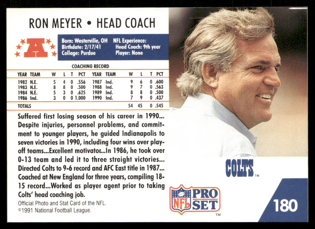 Ron Meyer 1991 Pro Set #180 Indianapolis Colts