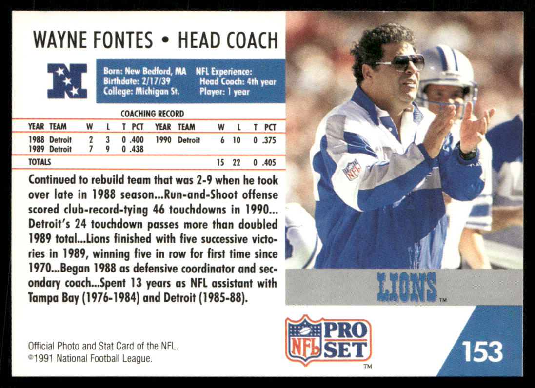 Wayne Fontes 1991 Pro Set #153 Detroit Lions
