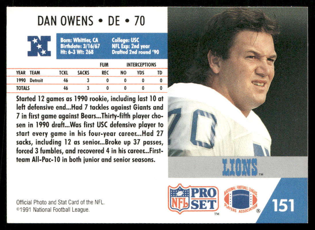 Dan Owens 1991 Pro Set #151 Detroit Lions