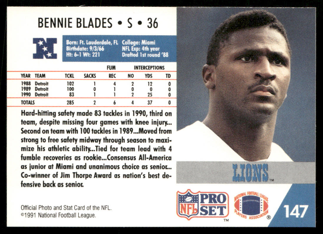 Bennie Blades 1991 Pro Set #147 Detroit Lions