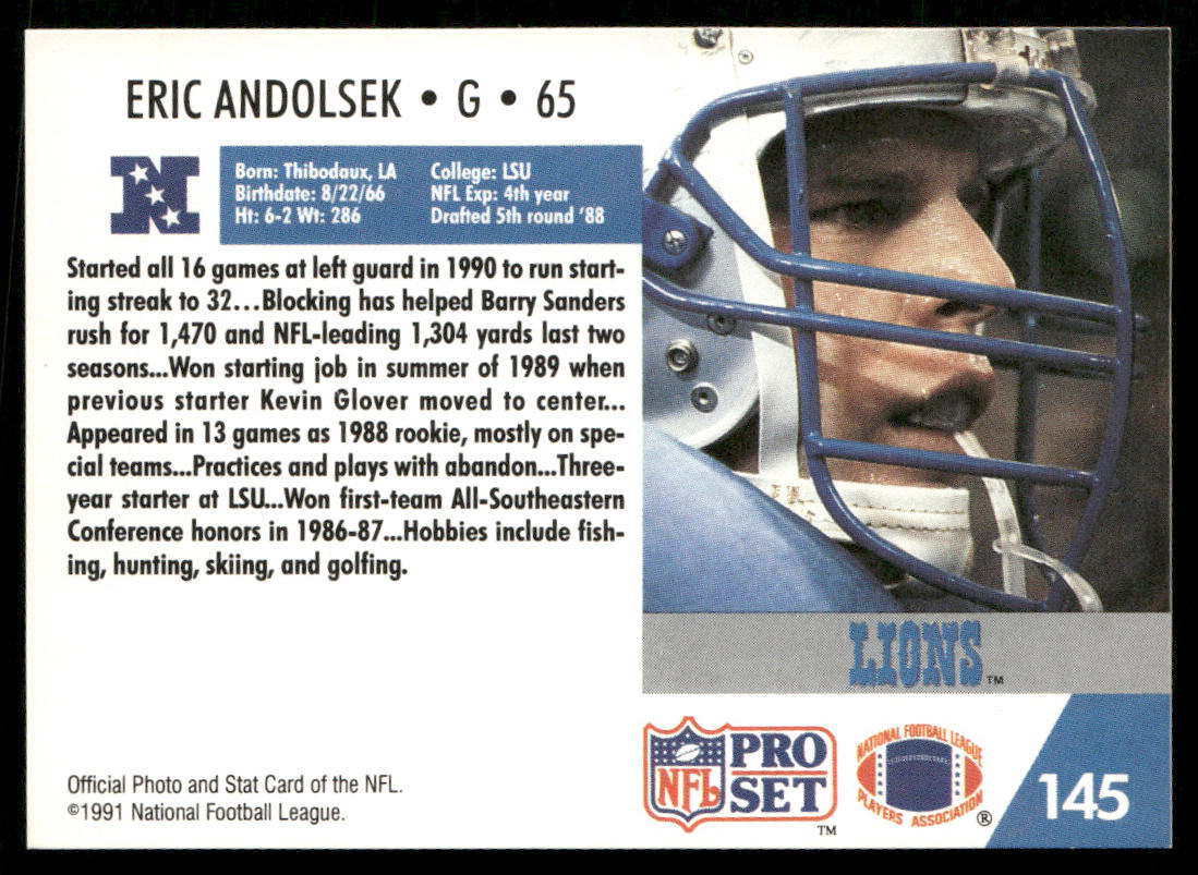 Eric Andolsek 1991 Pro Set #145 Detroit Lions