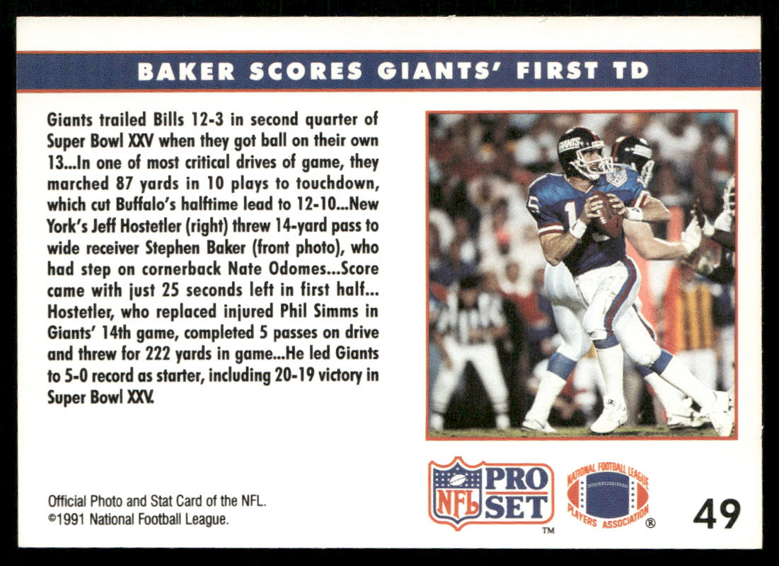 Baker Scores Giants' First 1991 Pro Set #49 New York Giants