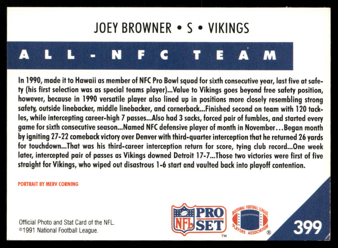 Joey Browner 1991 Pro Set #399 Minnesota Vikings
