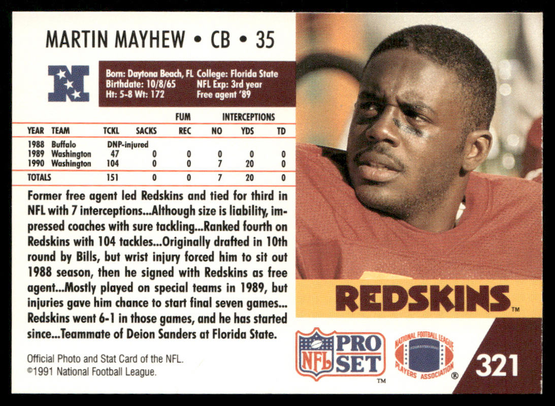 Martin Mayhew 1991 Pro Set #321 Washington Redskins