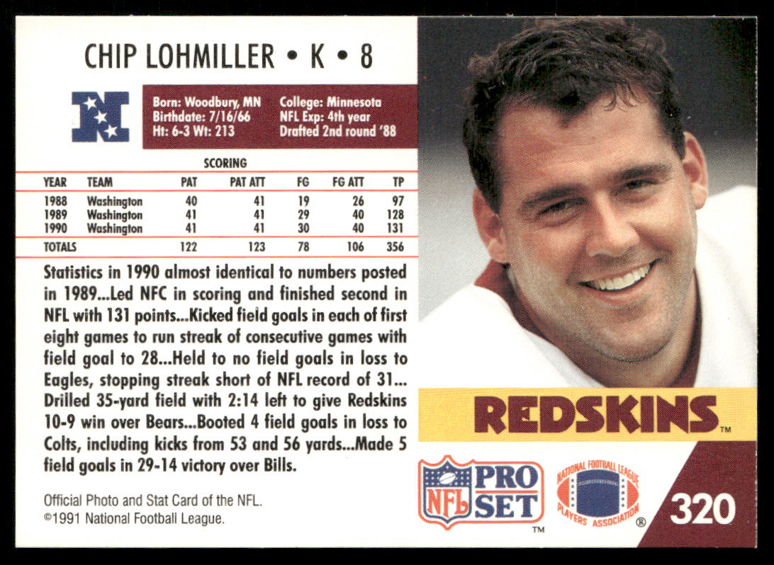 Chip Lohmiller 1991 Pro Set #320 Washington Redskins