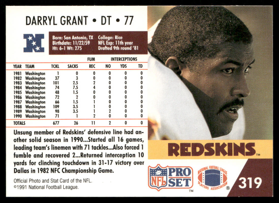 Darryl Grant 1991 Pro Set #319 Washington Redskins