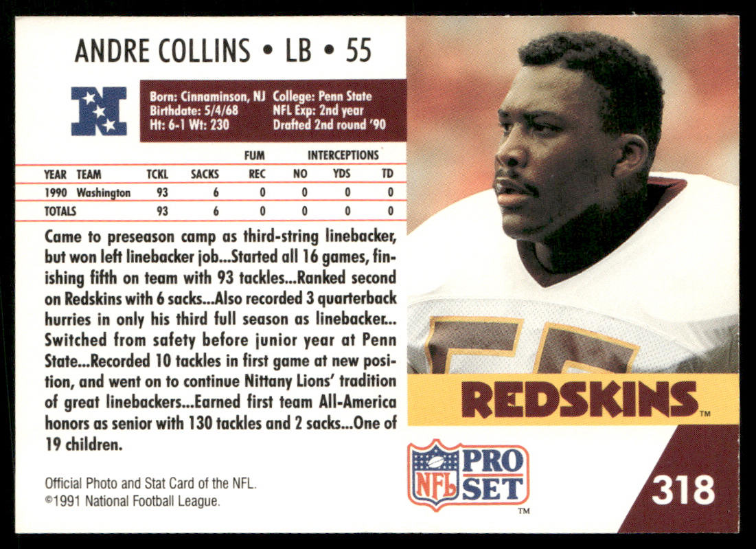 Andre Collins 1991 Pro Set #318a Washington Redskins