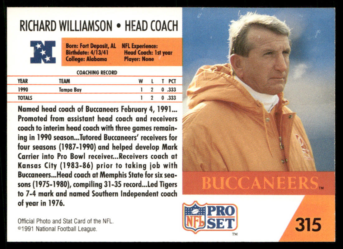Richard Williamson 1991 Pro Set #315 Tampa Bay Buccaneers