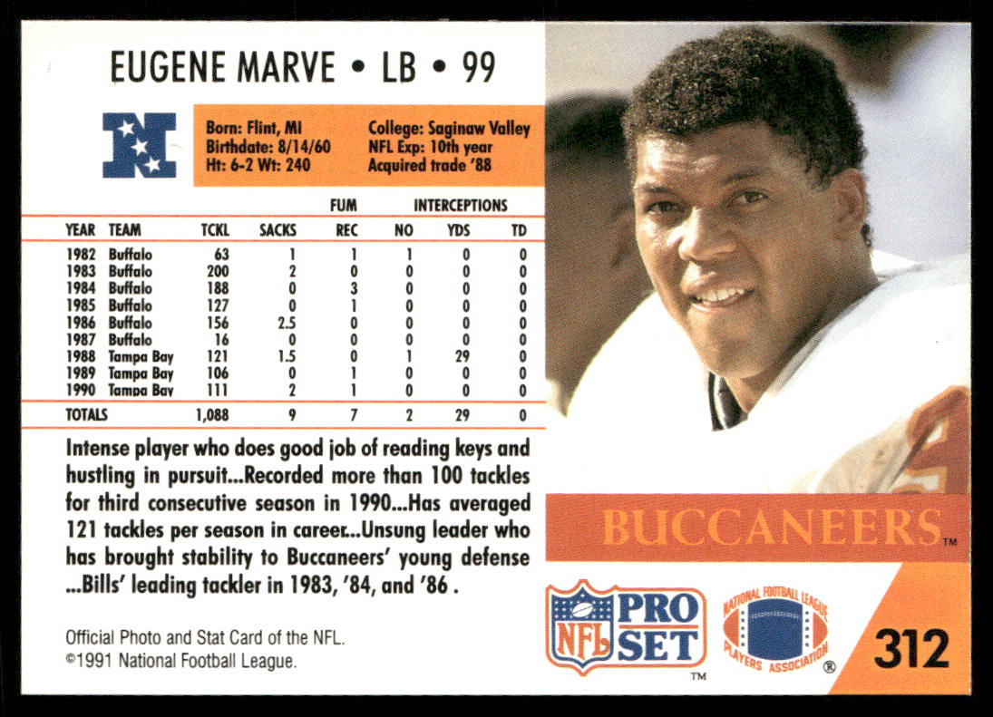 Eugene Marve 1991 Pro Set #312 Tampa Bay Buccaneers