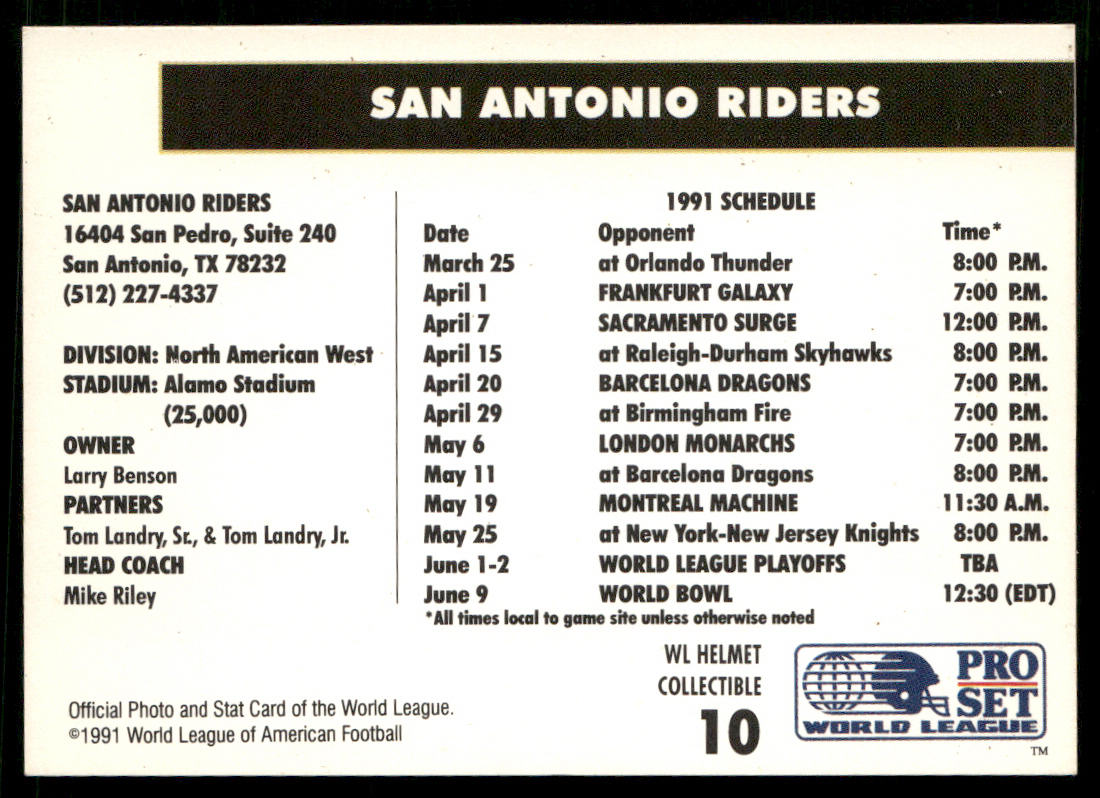 San Antonio Riders 1991 Pro Set WLAF Helmets #10 San Antonio Riders