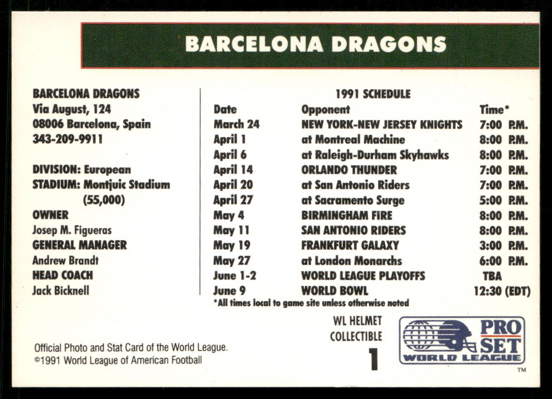 Barcelona Dragons 1991 Pro Set WLAF Helmets #1 Barcelona Dragons