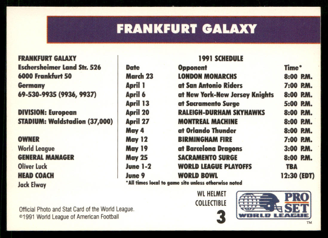 Frankfurt Galaxy 1991 Pro Set WLAF World Bowl Combo #36 Frankfurt Galaxy