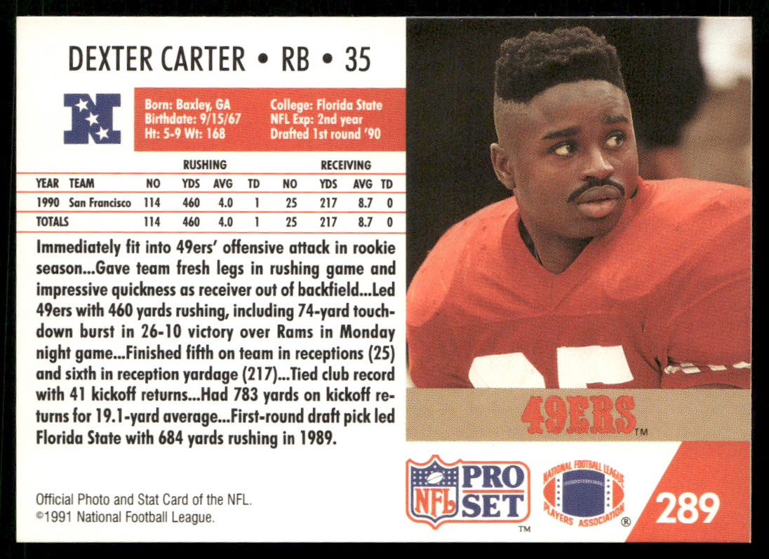 Dexter Carter 1991 Pro Set #289 San Francisco 49ers