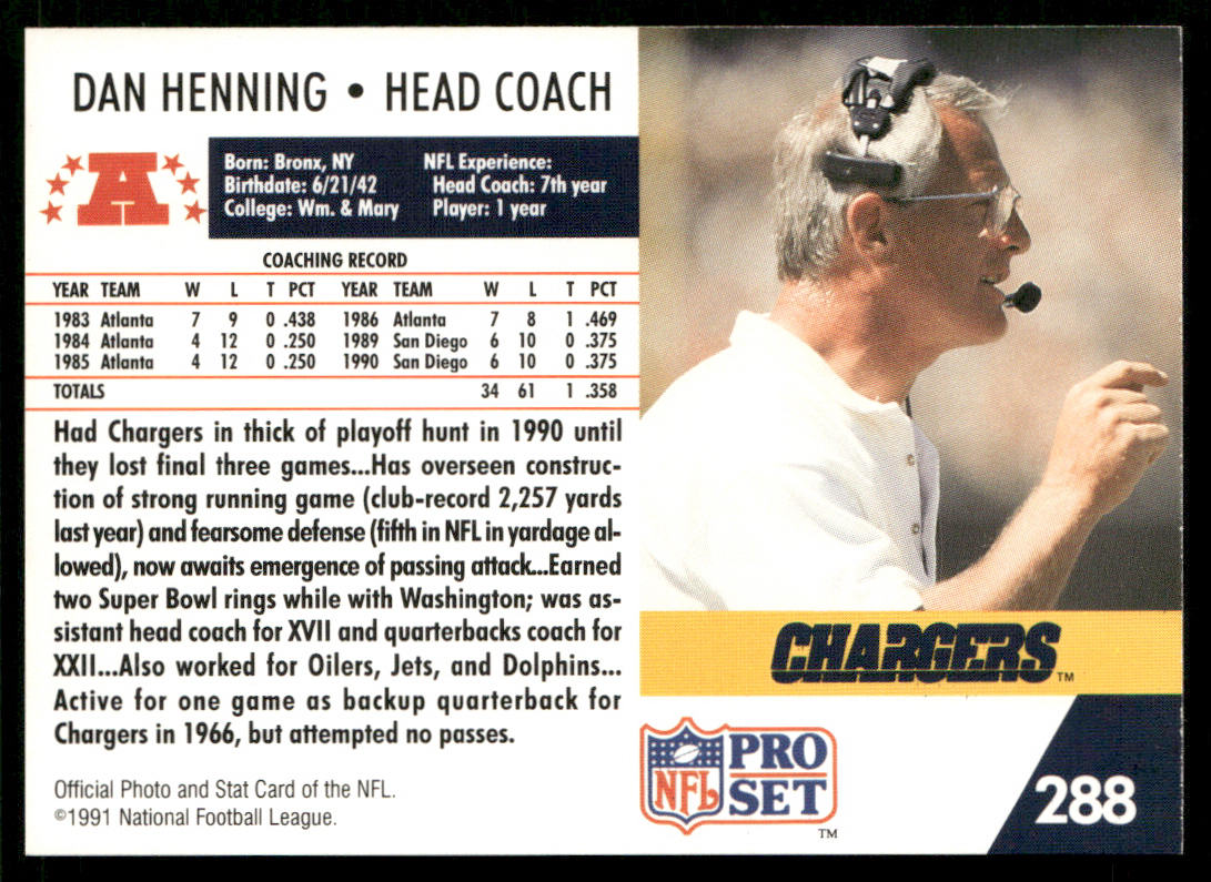 Dan Henning 1991 Pro Set #288 San Diego Chargers