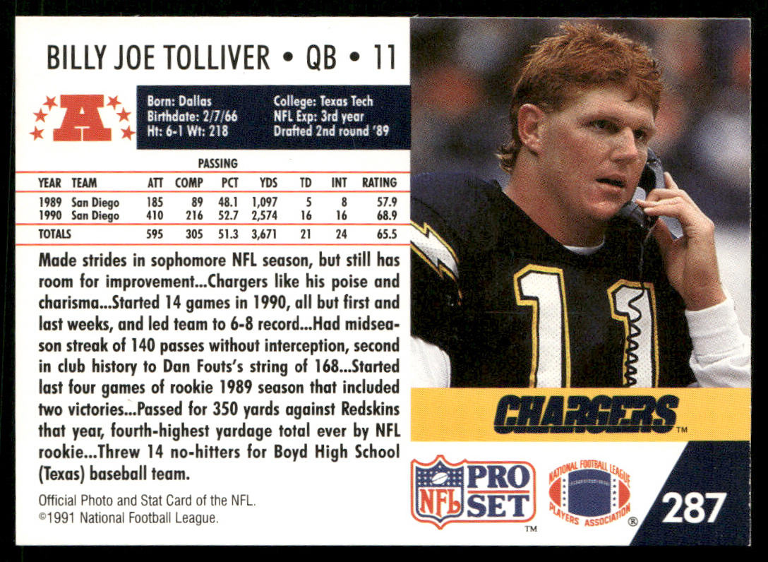 Billy Joe Tolliver 1991 Pro Set #287 San Diego Chargers