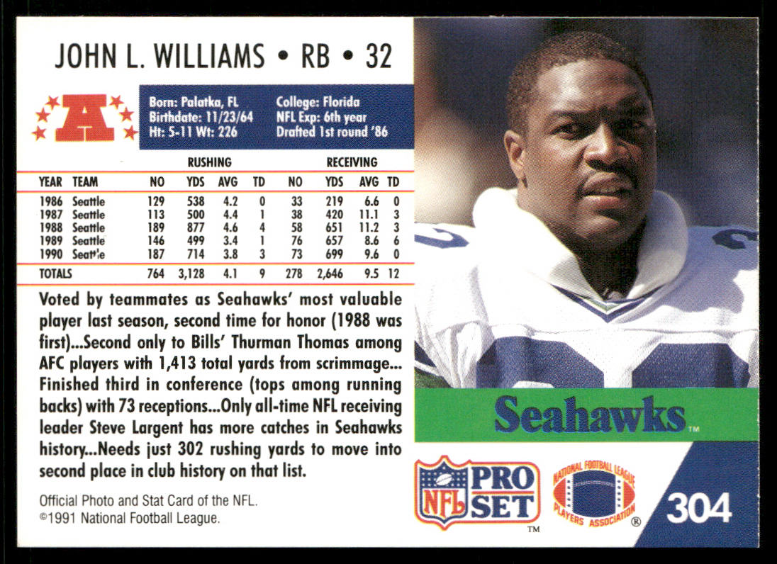 John L. Williams 1991 Pro Set #304 Seattle Seahawks