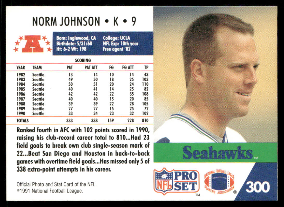 Norm Johnson 1991 Pro Set #300 Seattle Seahawks