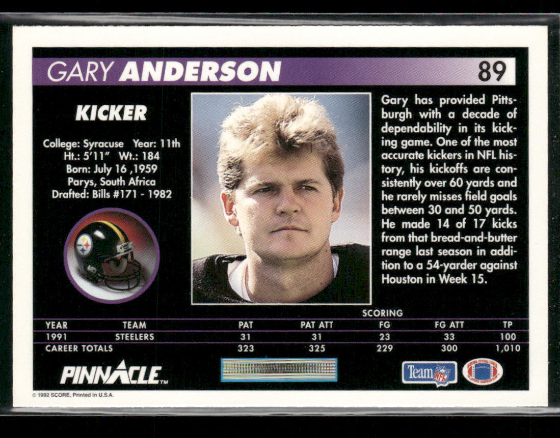 Gary Anderson 1992 Pinnacle #89 Pittsburgh Steelers