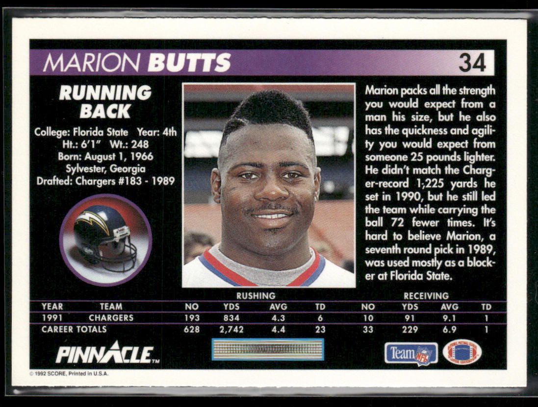 Marion Butts 1992 Pinnacle #34 San Diego Chargers