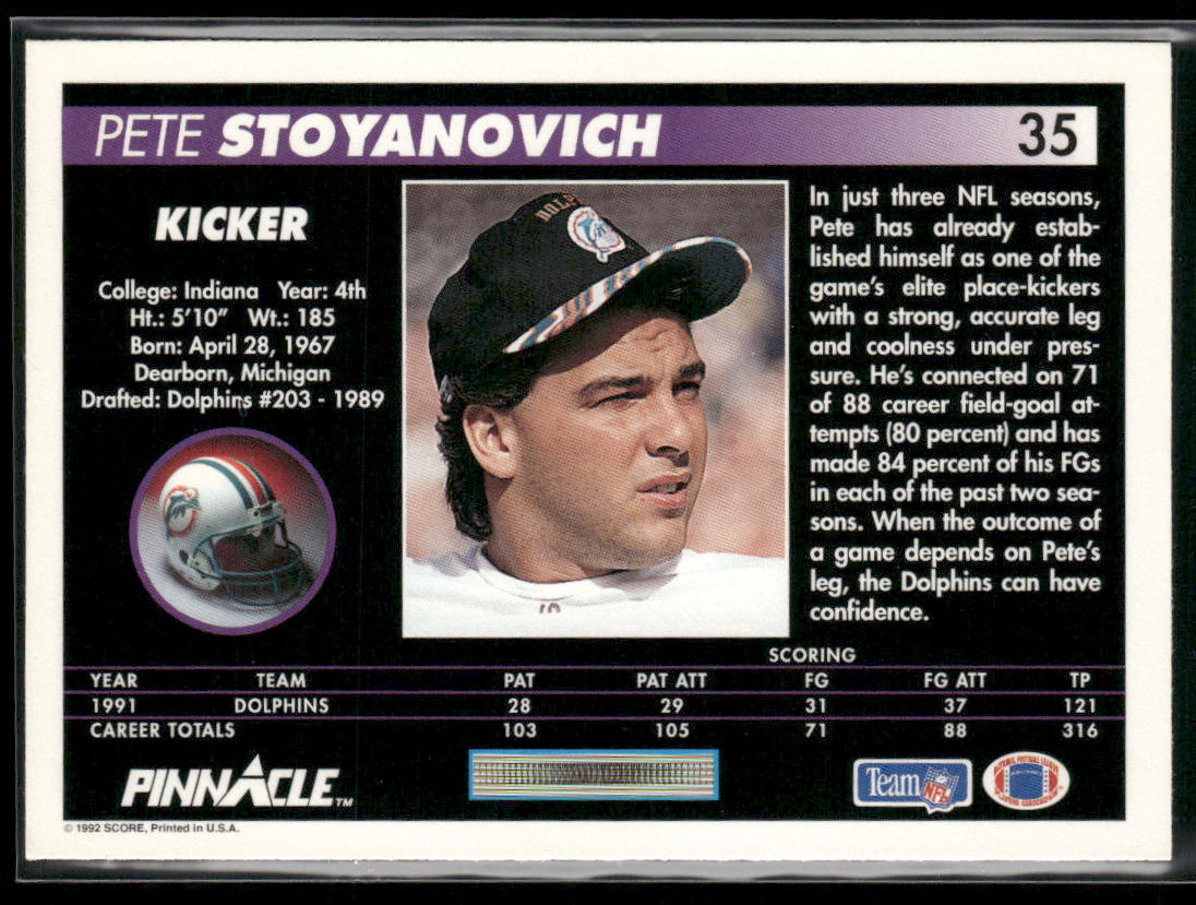 Pete Stoyanovich 1992 Pinnacle #35 Miami Dolphins