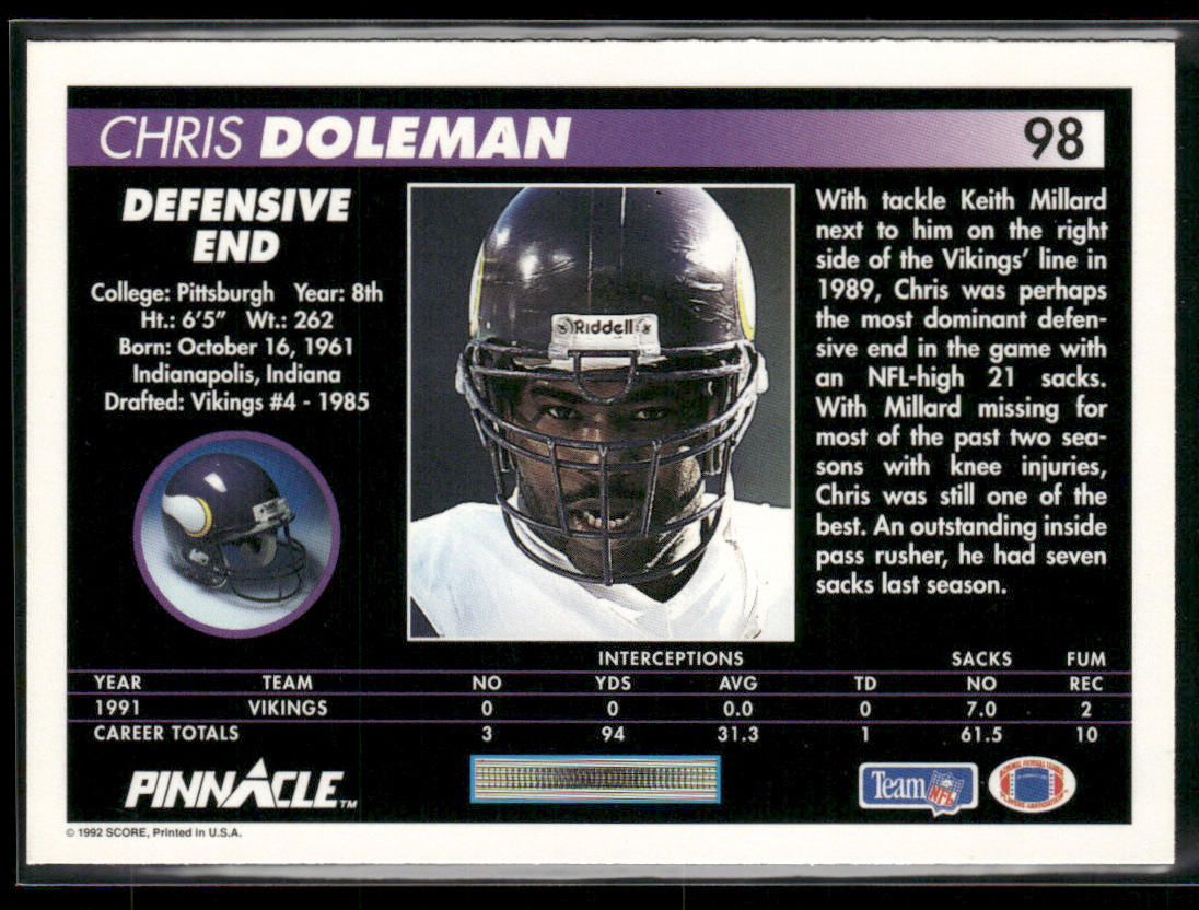 Chris Doleman 1992 Pinnacle #98 Minnesota Vikings