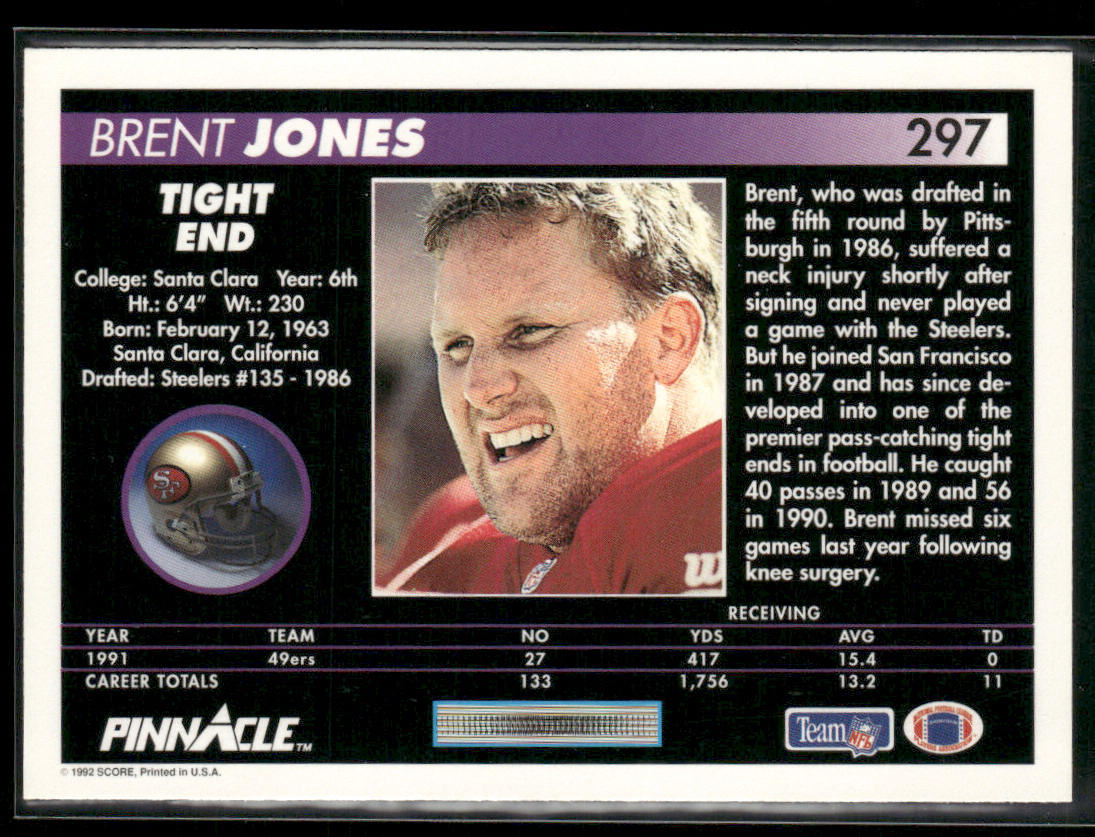 Brent Jones 1992 Pinnacle #297 San Francisco 49ers