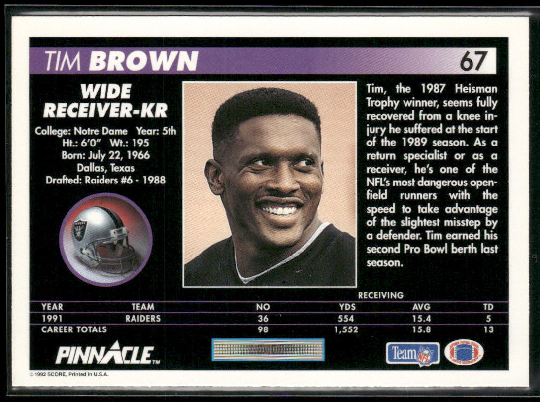 Tim Brown 1992 Pinnacle #67 Los Angeles Raiders