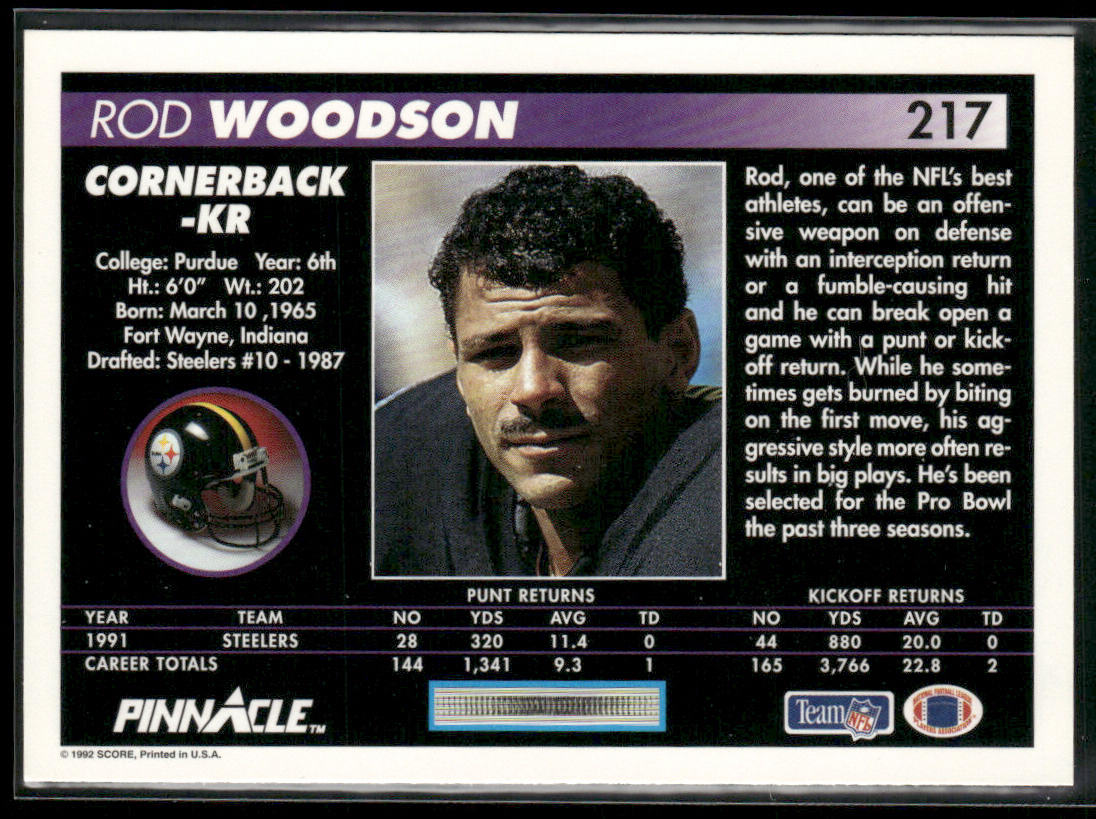Rod Woodson 1992 Pinnacle #217 Pittsburgh Steelers