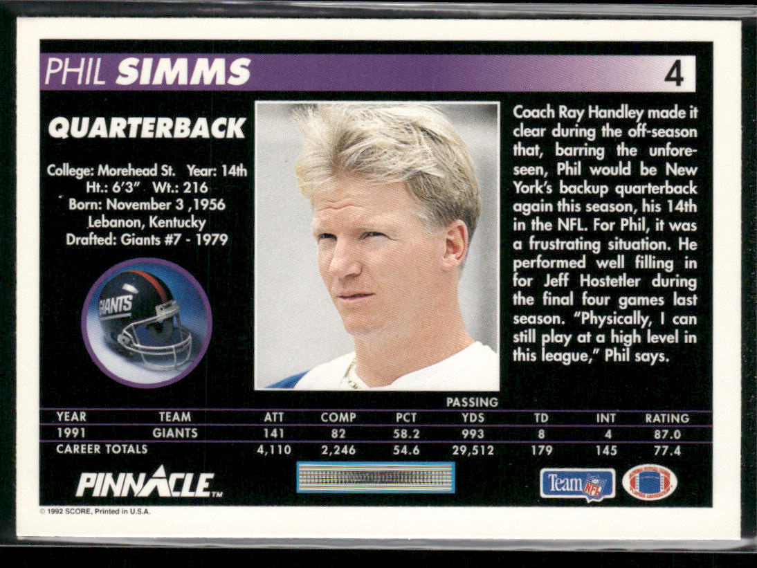 Phil Simms 1992 Pinnacle #4 New York Giants