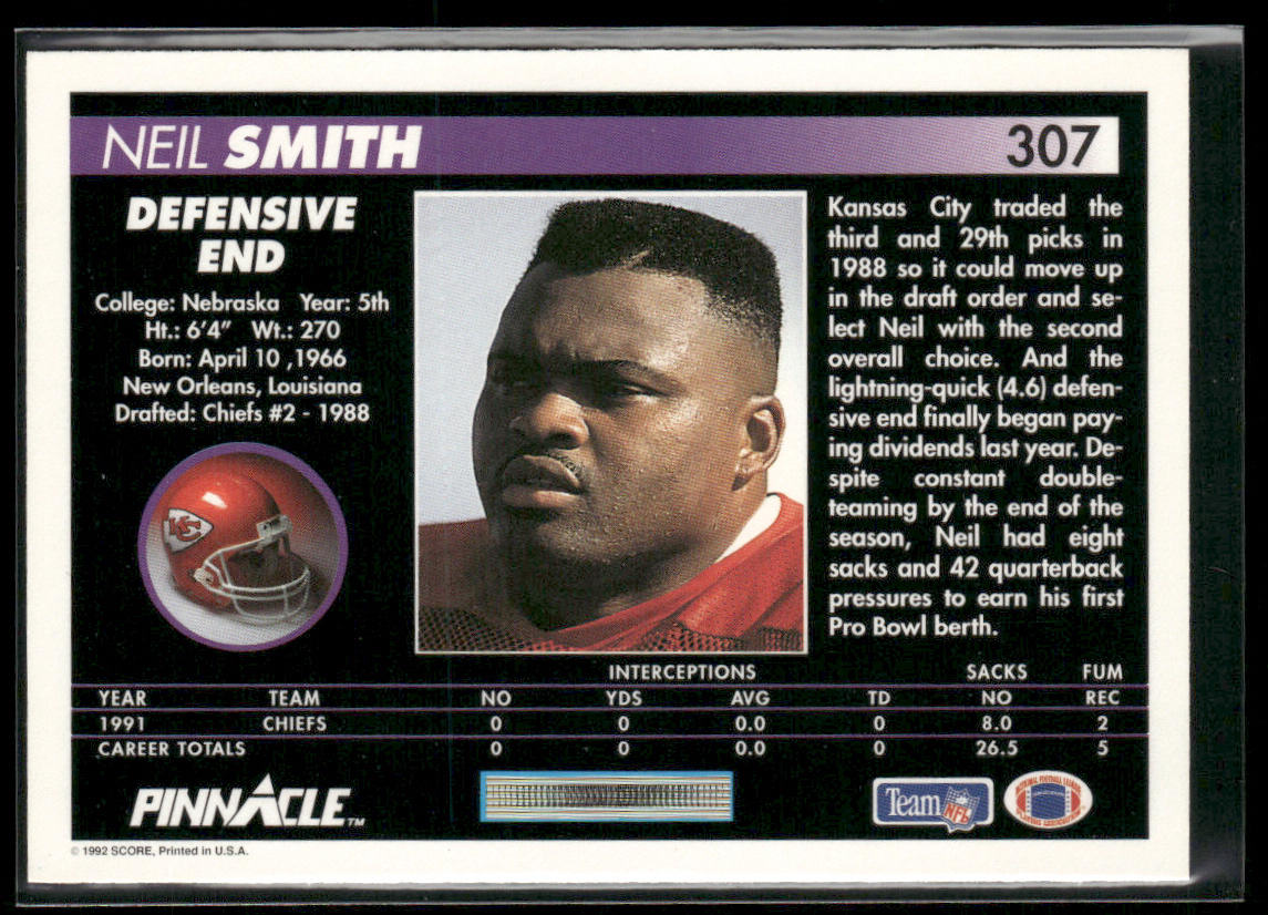 Neil Smith 1992 Pinnacle #307 Kansas City Chiefs