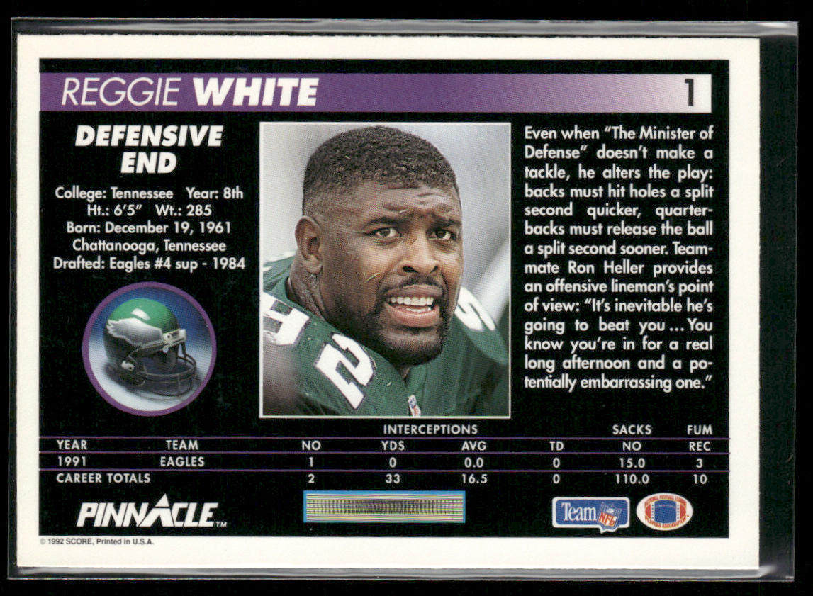 Reggie White 1992 Pinnacle #1 Philadelphia Eagles