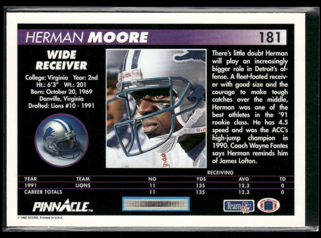 Herman Moore 1992 Pinnacle #181 Detroit Lions