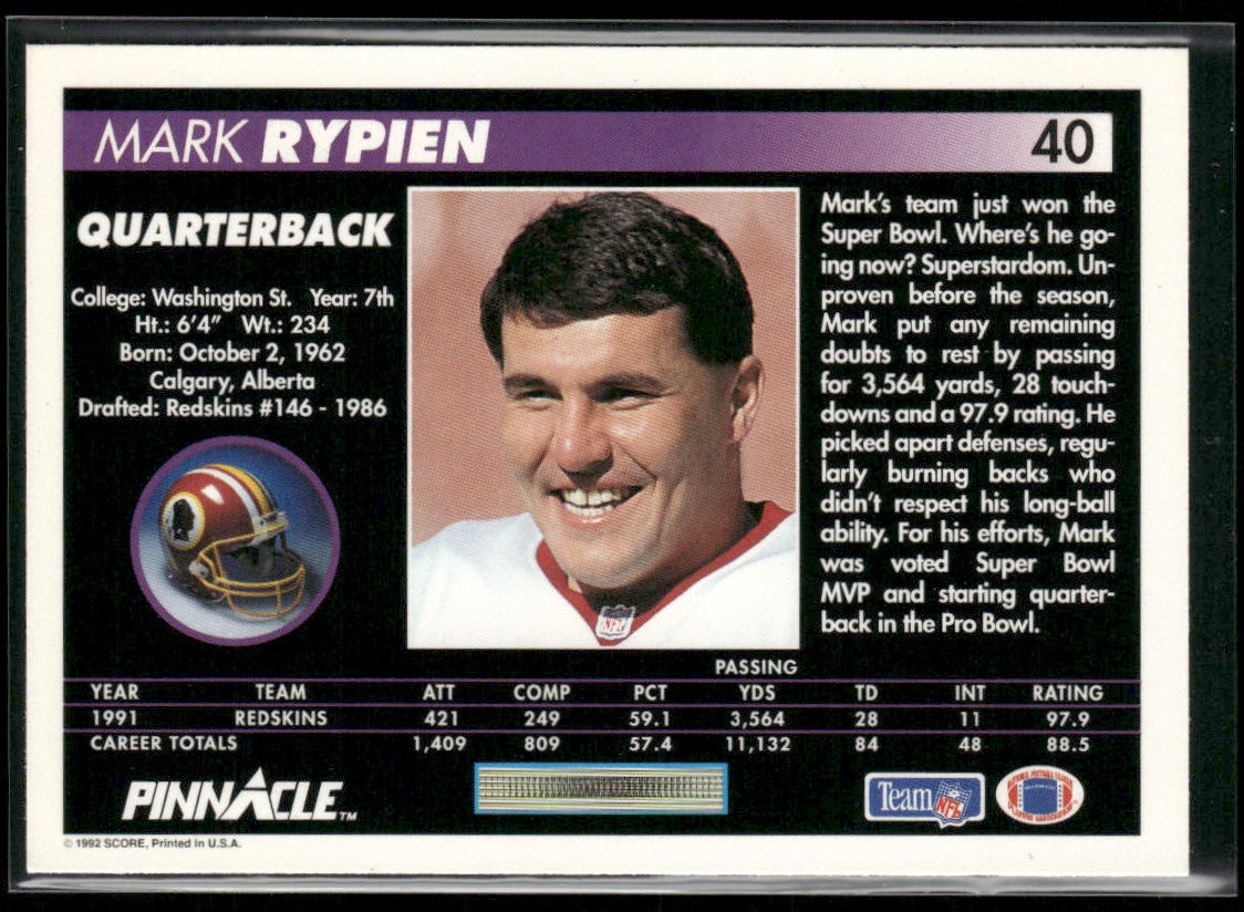 Mark Rypien 1992 Pinnacle #40 Washington Redskins