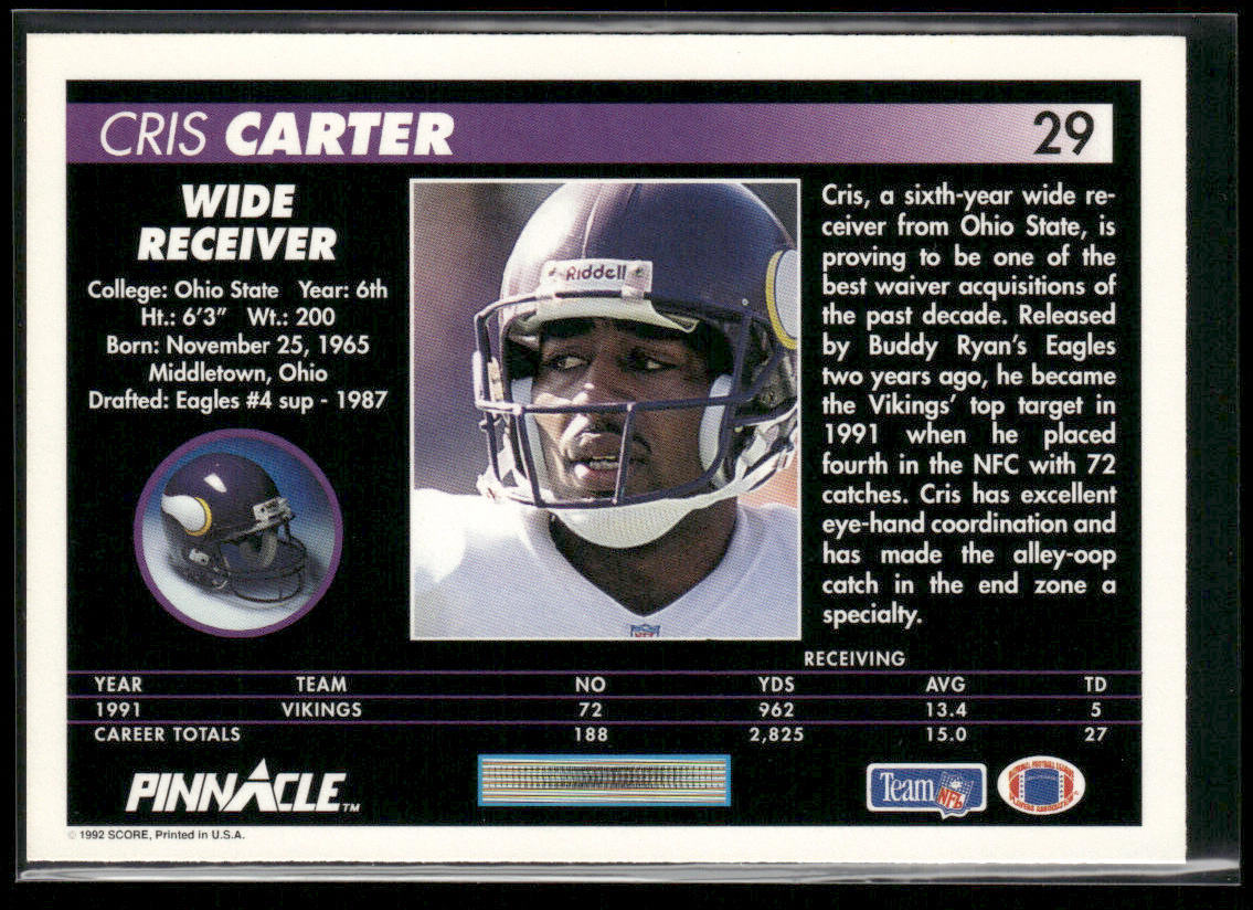 Cris Carter 1992 Pinnacle #29 Minnesota Vikings