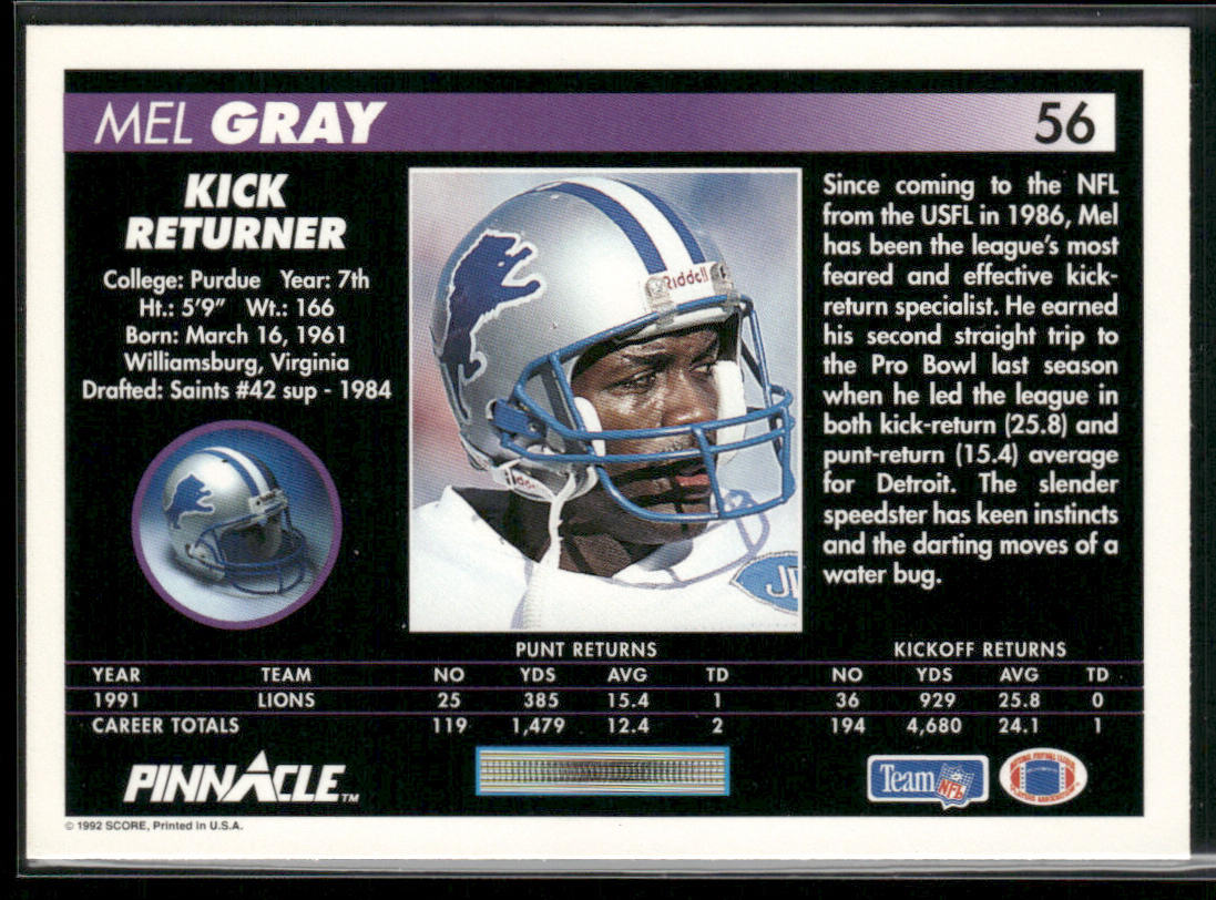 Mel Gray 1992 Pinnacle #56 Detroit Lions