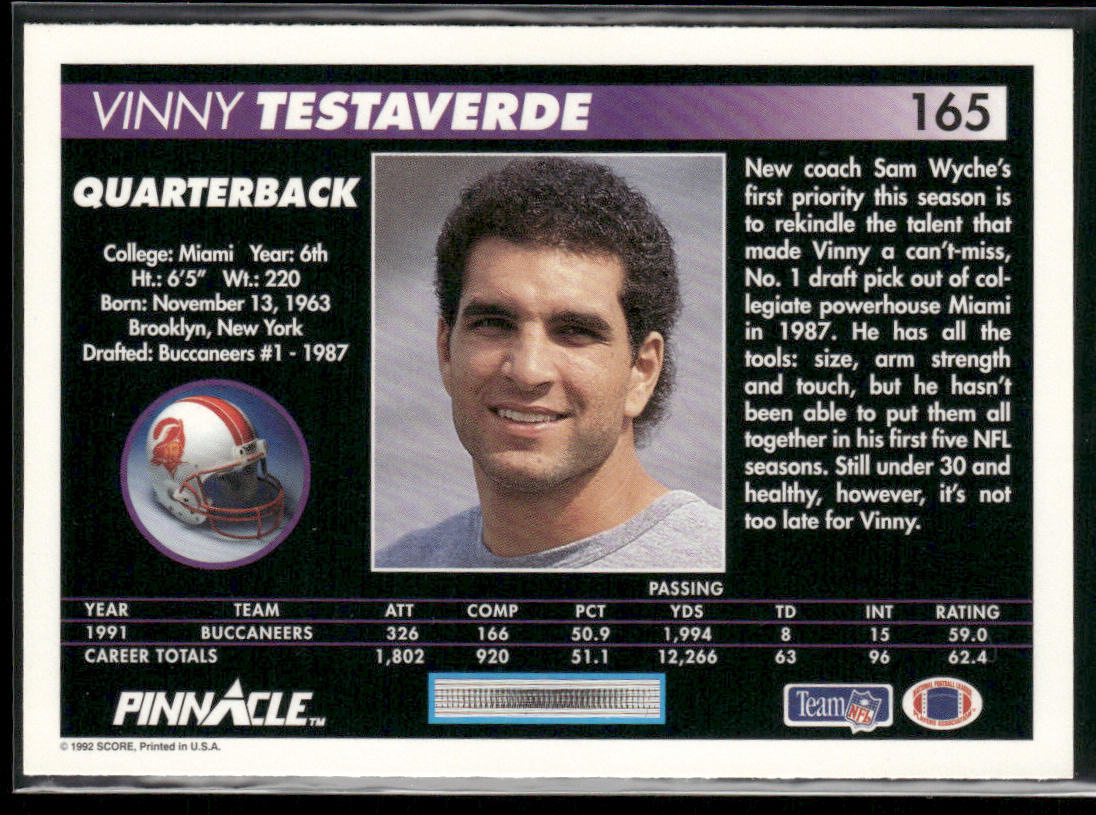 Vinny Testaverde 1992 Pinnacle #165 Tampa Bay Buccaneers