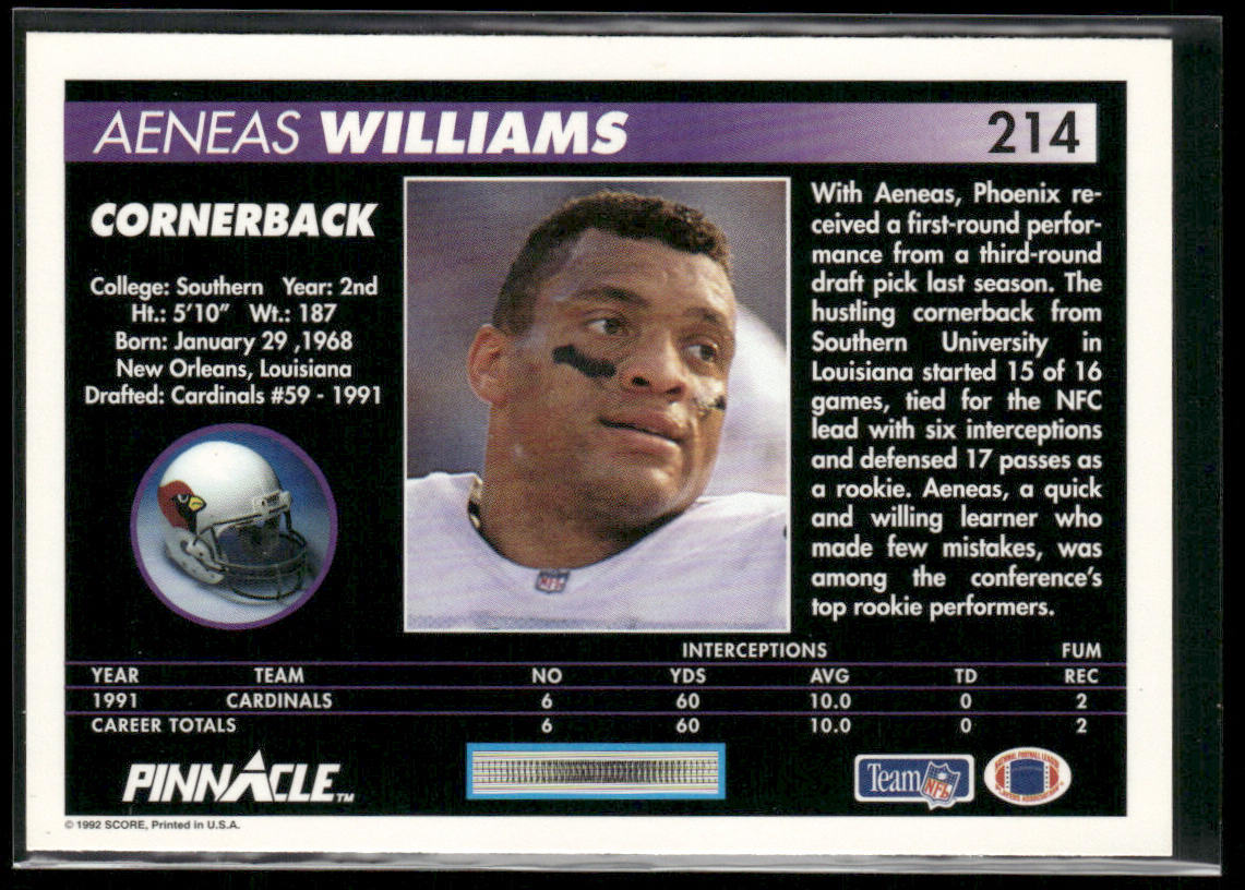 Aeneas Williams 1992 Pinnacle #214 Phoenix Cardinals