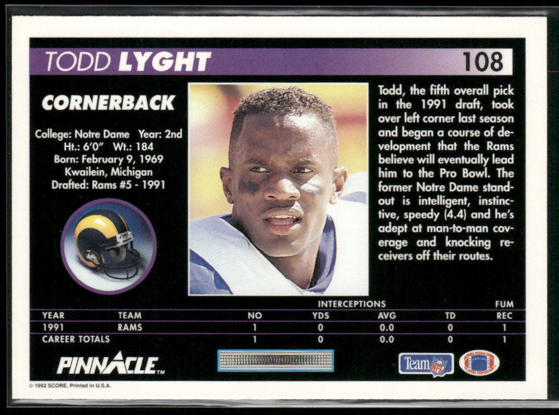 Todd Lyght 1992 Pinnacle #108 Los Angeles Rams