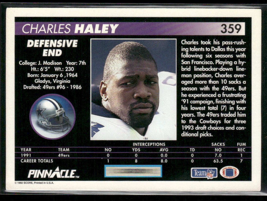 Charles Haley 1992 Pinnacle #359 Dallas Cowboys